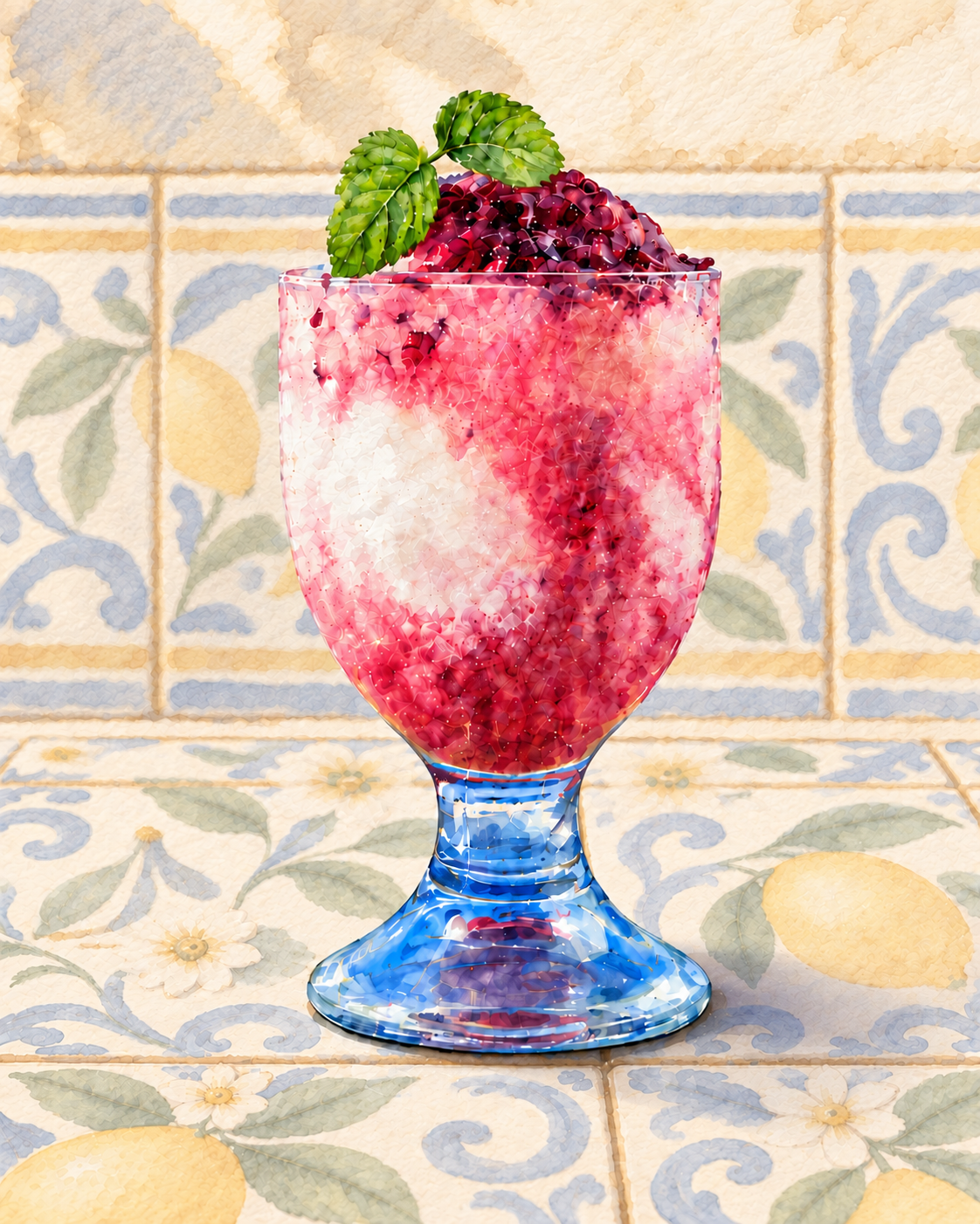 Painted illustration of berry granita and cream with mint in a blue-stemmed glass on Southern Italian fruit tiles